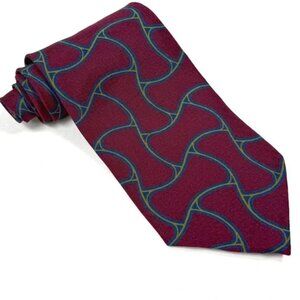 Giorgio Armani Cravatte Silk Necktie Burgundy Blue Gold Geometric Pattern‎